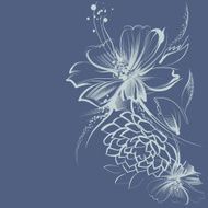 Flowers drawn in white ink on the blue background