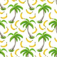Watercolor seamless pattern with coconut palm trees and bananas