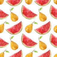 Watercolor seamless pattern with watermelons and pears