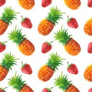 Watercolor seamless pattern with pineapples and strawberry N3