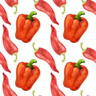 Watercolor seamless pattern with red chili peppers and bell