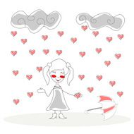 doodle girl with umbrella under rain of hearts vector N2