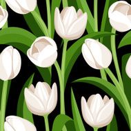 Seamless pattern with white tulips on black Vector illustration