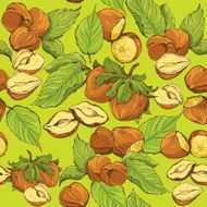 Seamless pattern with hand drawn hazelnuts on green background