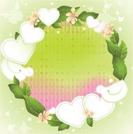 Spring background with paper decorations and green realistic foliage