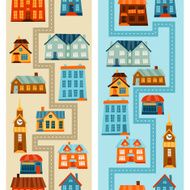 Town seamless patterns with cute colorful houses
