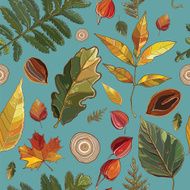 Vector seamless pattern with autumn set leaves nuts tree N2