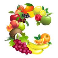 Letter C composed of different fruits with leaves
