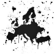 Europe map graffiti black splats on white background