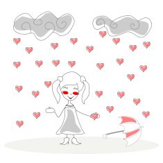 doodle girl with umbrella under rain of hearts vector N2