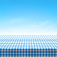Empty picnic table covered with blue checkered tablecloth