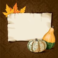 Vintage Damask Background With Banner Fall Gourds and Leaves