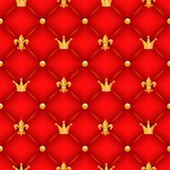 Red quilted texture with golden crowns lilies and buttons