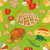 Seamless pattern with vegetables cheese and pies