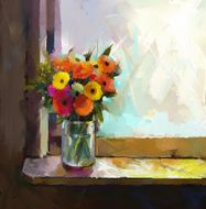 Still life of a vase with bouquet gerbera flower Oil painting
