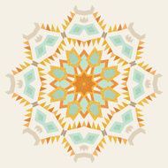 Ethnic geometric kaleidoscopic ornament in orange and real