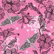 Seamless Floral Pattern With hand-drawn flowers and dragonflies N2