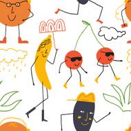 Comic colorful fruits go for a walk Vector seamless background