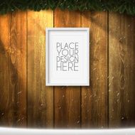 Blank Frame on Wooden background with garland and snow