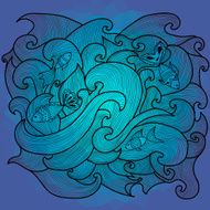 Sea background with waves and fish