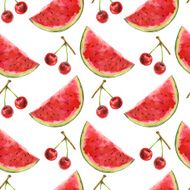 Watercolor seamless pattern with watermelon and cherry N2