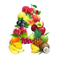 Letter A composed of different fruits with leaves