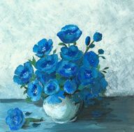 Acrylic painting of a still life in blue (flower arrangement)
