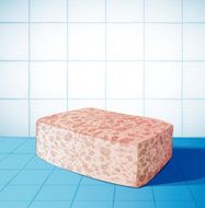 pink sponge in blue bathroom