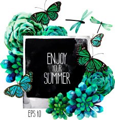 Watercolor design with succulents photo butterflies and dragonflies N2