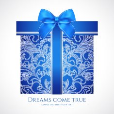 Blue gift box with floral pattern bow (ribbon) Present