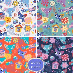Set of 4 seamless backgrounds with cats and fishes N2