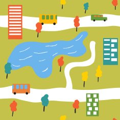 Cheerful bright city in the summer time Vector seamless background
