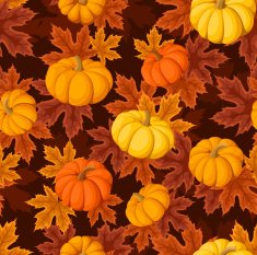 Seamless pattern with pumpkins and autumn maple leaves Vector illustration