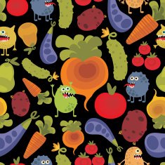 Vegetables and fruits with microbes seamless background