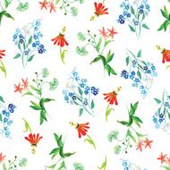 Forget-me-not and red flowers watercolor seamless vector print N2
