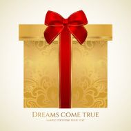 Golden gift box with floral pattern red bow (ribbon) Present
