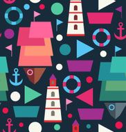 Sea creative background with ships boats lighthouses