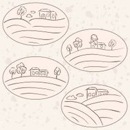 Countryside drawings - houses landscape labels N2