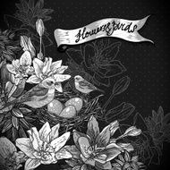 Vintage monochrome floral background with birds N2