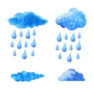 Watercolor set clouds and rain drops