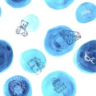 Watercolor blu circles seamless background with drawing elements