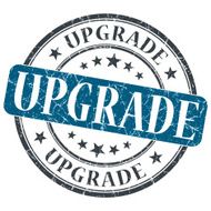 Upgrade blue grunge round stamp on white background