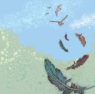 Sketchy flock of birds flying with falling feathers