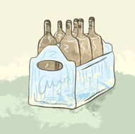 Six pack case of brown ale bottles in blue crate