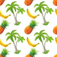 Watercolor seamless pattern with coconut palm trees pineapples bananas N2