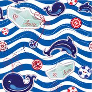 Seamless sea pattern with dolphins whales paper ships