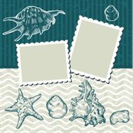 Vintage background with old postcards and seashells N2