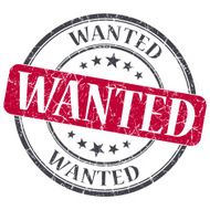 Wanted red grunge round stamp on white background