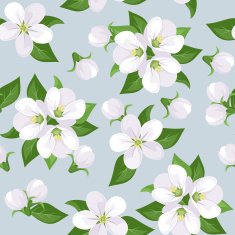 Seamless background with apple blossoms on blue Vector illustration