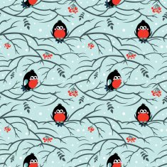 Seamless background with bullfinches sitting on branch of rowan